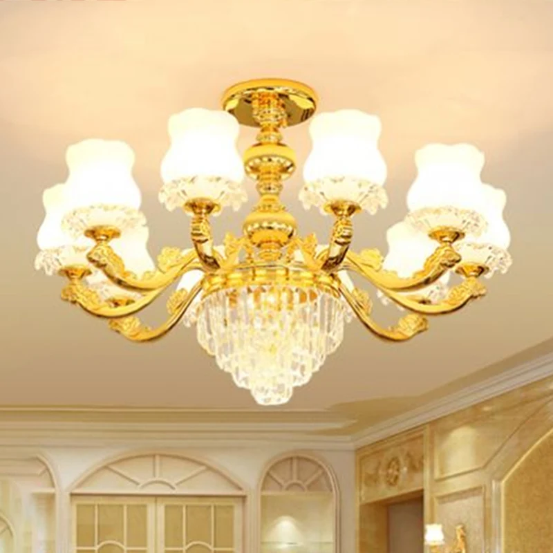 Knospen-Hängeleuchte im Retro-Stil, cremefarbene Glas-Kronleuchterleuchte mit mehrschichtigem Kristalldekor Gold Clearhalo