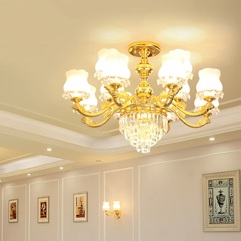 Knospen-Hängeleuchte im Retro-Stil, cremefarbene Glas-Kronleuchterleuchte mit mehrschichtigem Kristalldekor Gold Clearhalo