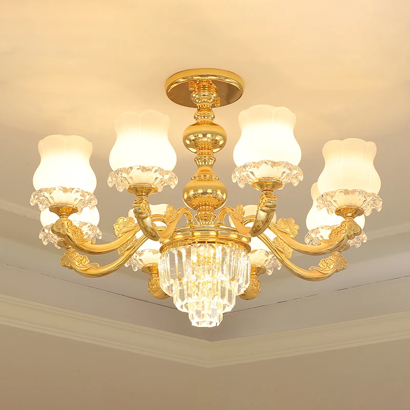 Knospen-Hängeleuchte im Retro-Stil, cremefarbene Glas-Kronleuchterleuchte mit mehrschichtigem Kristalldekor Gold Clearhalo
