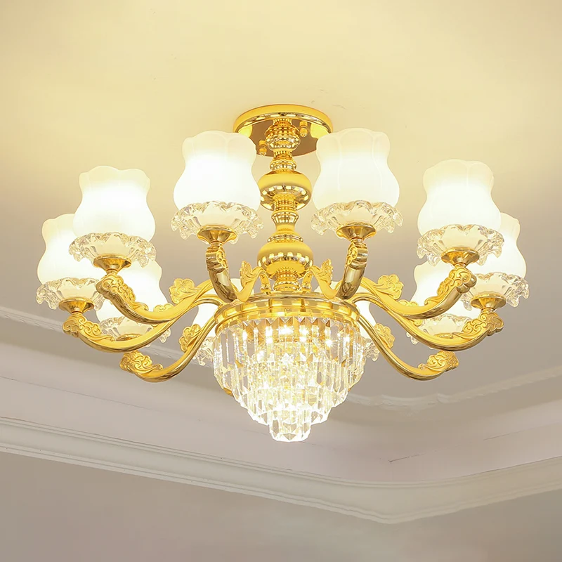 Knospen-Hängeleuchte im Retro-Stil, cremefarbene Glas-Kronleuchterleuchte mit mehrschichtigem Kristalldekor Gold Clearhalo