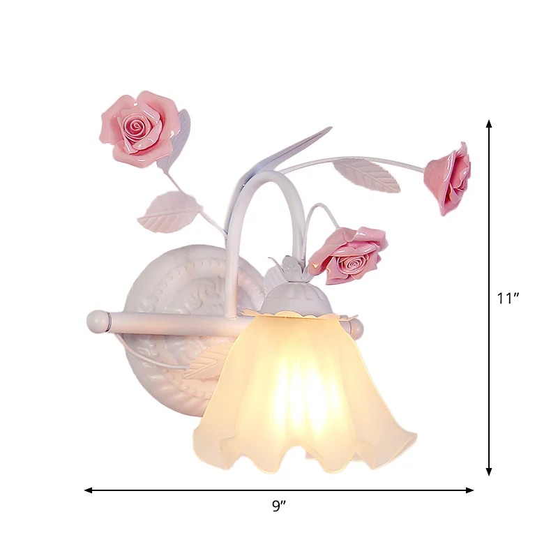 Koreanische Blumen-Rüschen-Wandleuchte mit 1 Licht, Wandleuchte aus mattweißem Glas Rosa Clearhalo