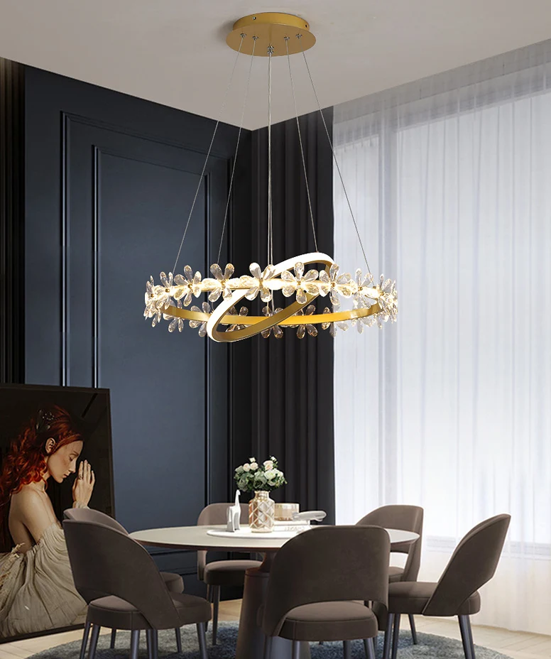 Kranz-Pendelleuchte mit Gold-Finish, minimalistischer Kristall-LED-Kronleuchter mit Metallring Clearhalo