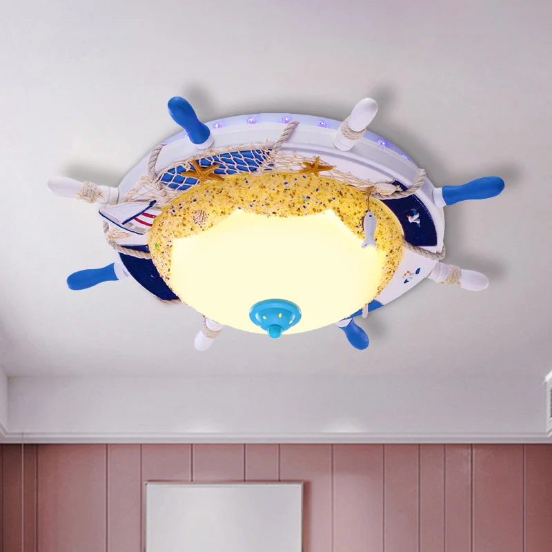Kreative gewölbte Deckenleuchte, LED-Schlafzimmer-Einbauleuchte aus Opalglas mit Ruder- und Stranddesign blauem, warmweiße...