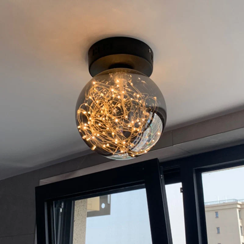 Kugel-Deckenleuchte aus rauchgrauem Glas, moderne LED-Einbauleuchte mit innerer leuchtender Schnur Clearhalo