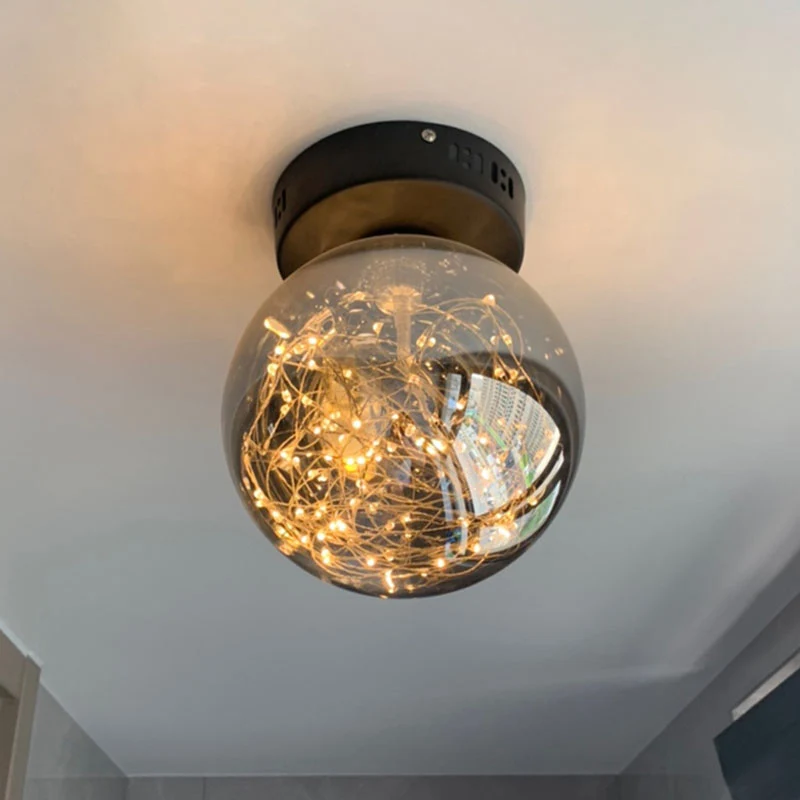 Kugel-Deckenleuchte aus rauchgrauem Glas, moderne LED-Einbauleuchte mit innerer leuchtender Schnur Clearhalo