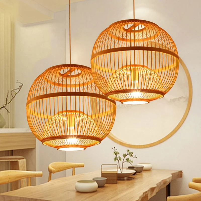 Kugelförmige Bambus-Deckenleuchte im asiatischen Stil, 1 Glühbirne, Holz-Hängelampe für Teestube Clearhalo