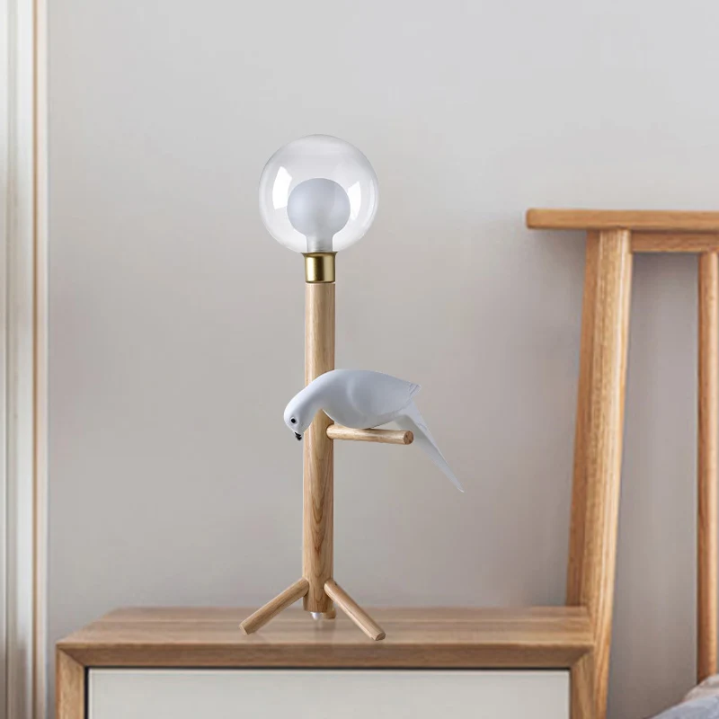 Kugel-Nachttischlampe, klares Glas, modernistische Holz-Tischlampe mit Vogel-Deko Clearhalo