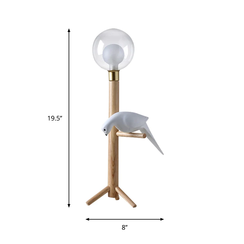 Kugel-Nachttischlampe, klares Glas, modernistische Holz-Tischlampe mit Vogel-Deko Clearhalo