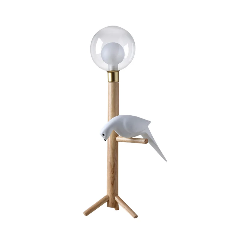 Kugel-Nachttischlampe, klares Glas, modernistische Holz-Tischlampe mit Vogel-Deko Clearhalo
