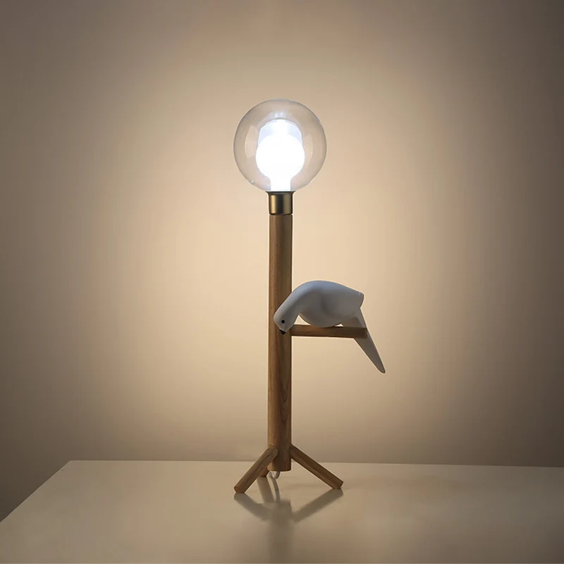 Kugel-Nachttischlampe, klares Glas, modernistische Holz-Tischlampe mit Vogel-Deko Clearhalo