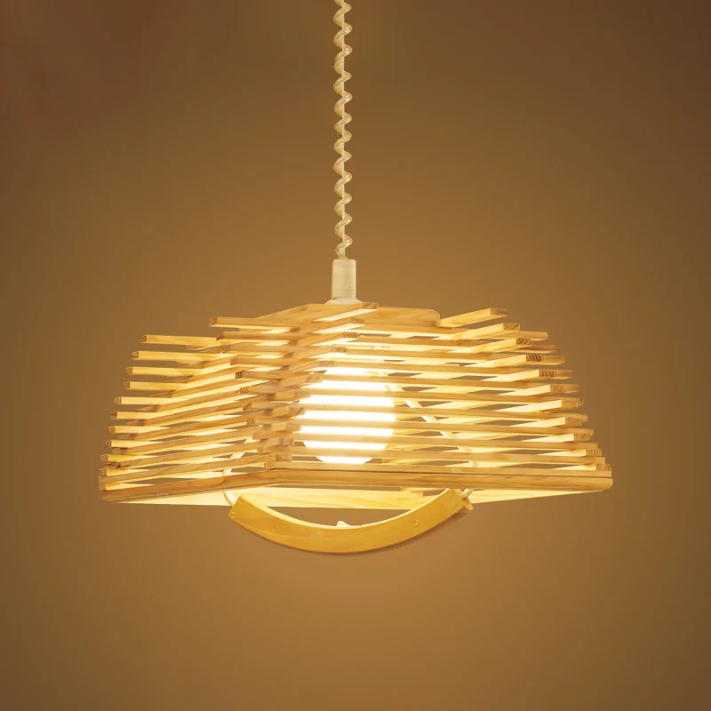 Lasergeschnittene Pendelleuchte aus japanischem Holz, 1-Kopf-Deckenleuchte Beige mit Feder Clearhalo