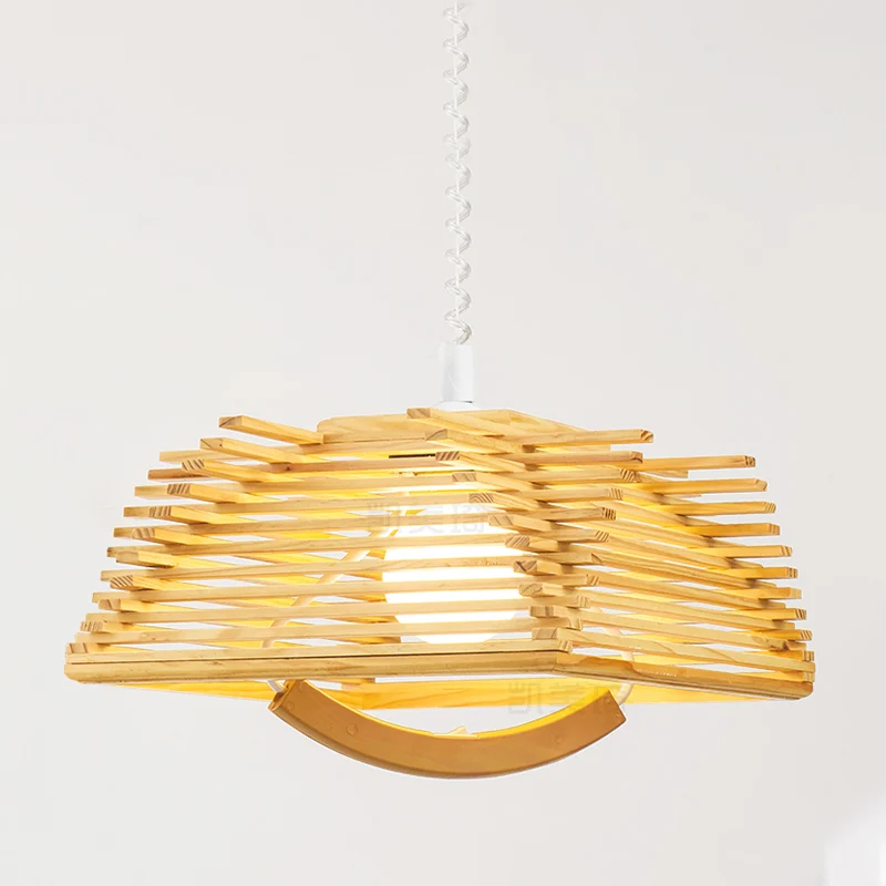 Lasergeschnittene Pendelleuchte aus japanischem Holz, 1-Kopf-Deckenleuchte Beige mit Feder Clearhalo