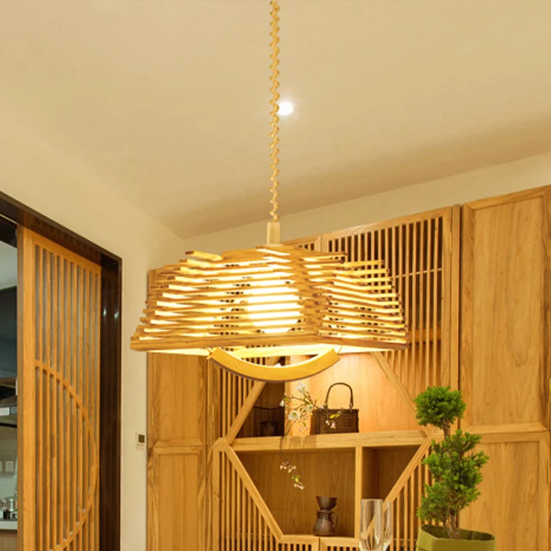 Lasergeschnittene Pendelleuchte aus japanischem Holz, 1-Kopf-Deckenleuchte Beige mit Feder Clearhalo