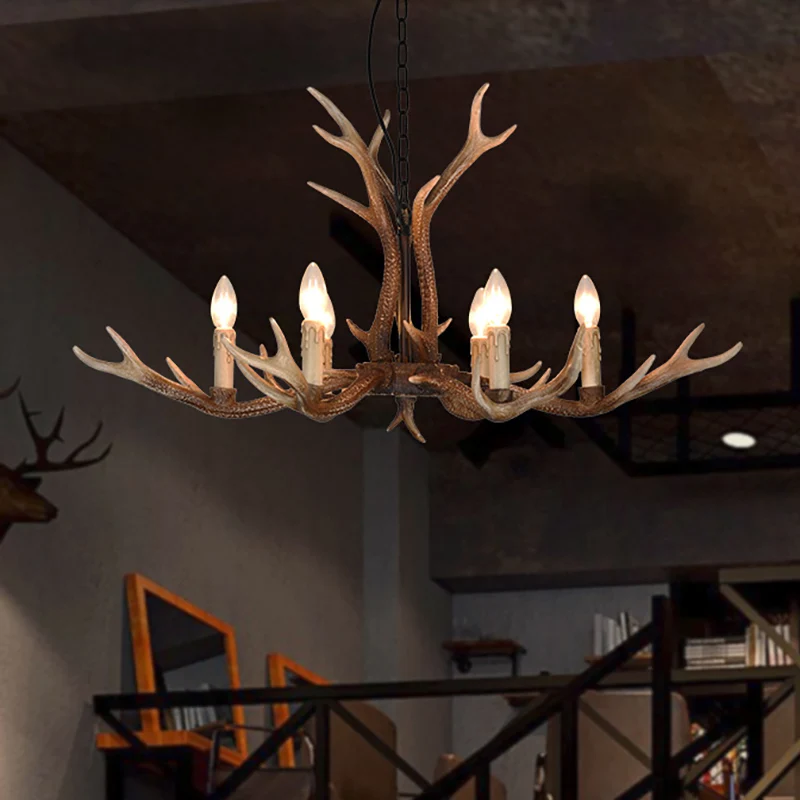 6/8 Lichter Geweih-Deckenleuchter, rustikale Khaki-Harz-Hängeleuchte für Restaurant Clearhalo