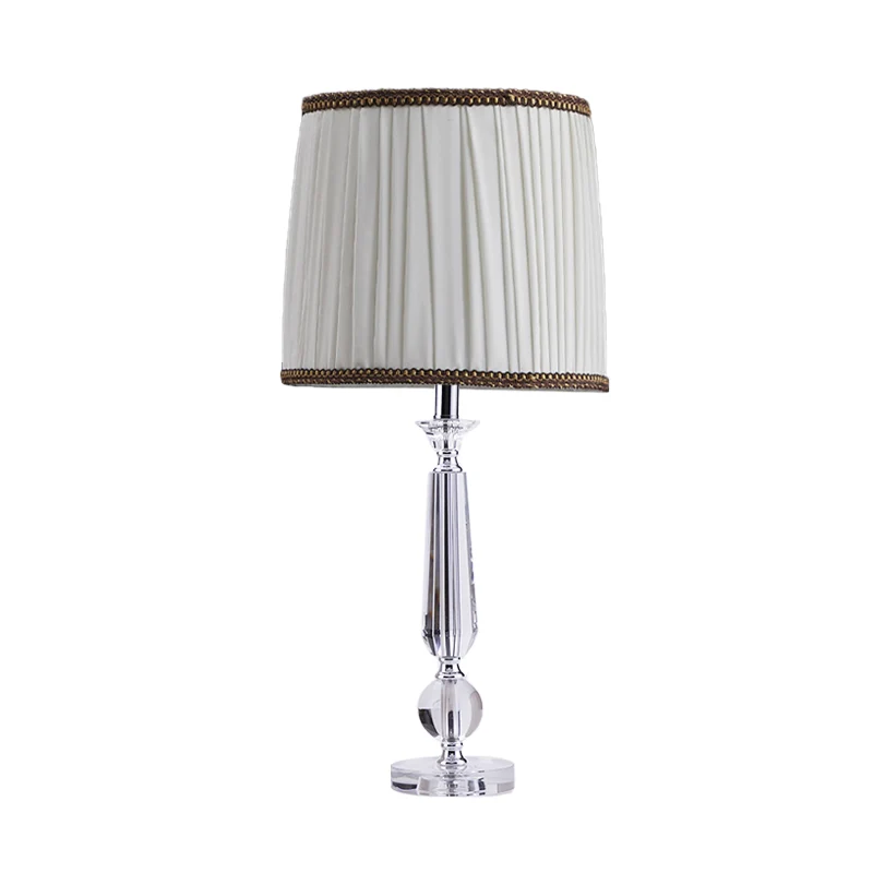 1 Lichttrommel-Nachttischlampe, Traditionalismus, weiß/braun/beige Stoff-Nachttischlampe für Schlafzimmer mit Kristallsock...