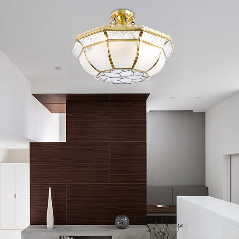 Messing 4 Lichter Deckenlampe Kolonialismus Opal geblasene Glaskuppel Halbbündige Deckenleuchte für Wohnzimmer Clearhalo