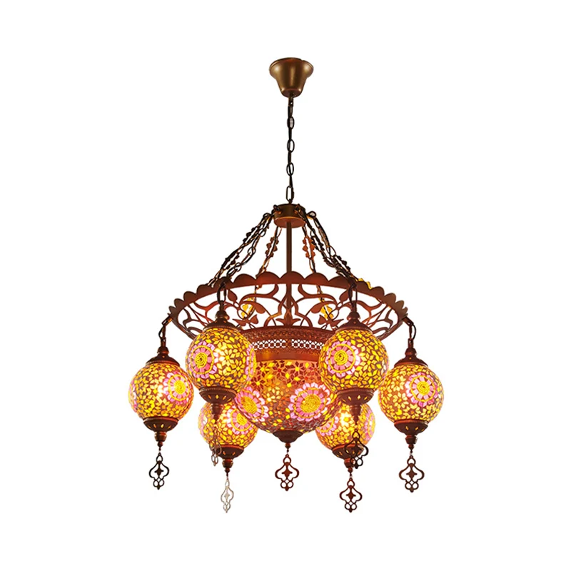 Messing-Laterne-Kronleuchter-Lampe, traditionelles Buntglas, 9 Köpfe, Restaurant-Hängeleuchte Clearhalo