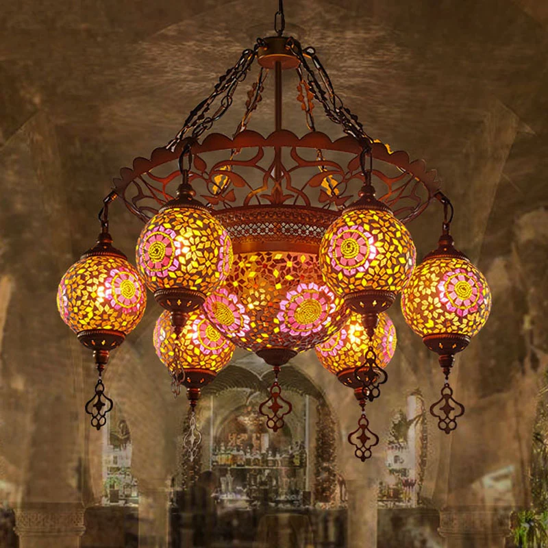 Messing-Laterne-Kronleuchter-Lampe, traditionelles Buntglas, 9 Köpfe, Restaurant-Hängeleuchte Clearhalo
