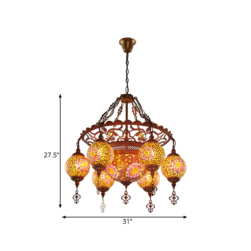 Messing-Laterne-Kronleuchter-Lampe, traditionelles Buntglas, 9 Köpfe, Restaurant-Hängeleuchte Clearhalo