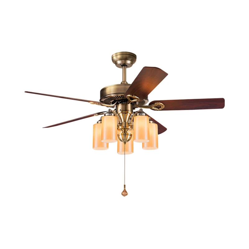 Messing-Zylinder-Deckenventilatorleuchte, klassischer Stil, Metall, 5 Lichter, halbbündige Wohnzimmer-Beleuchtung Clearhalo