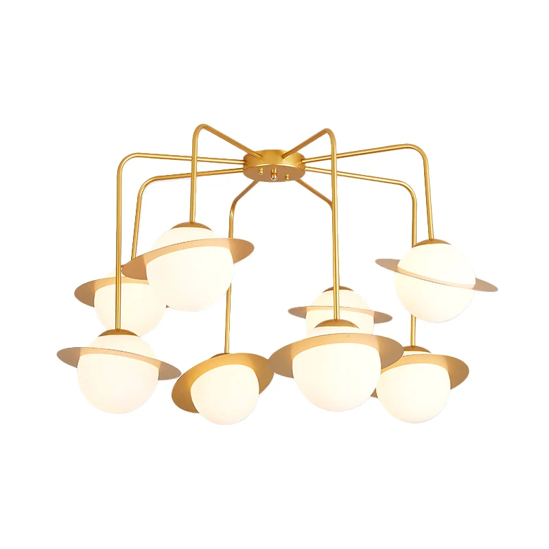 Metall-Radial-Kronleuchter, moderne 8-flammige Gold/Chrom-LED-Hänge-Deckenleuchte mit weißem Glaskugelschirm Clearhalo