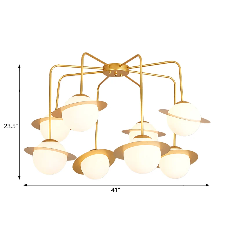 Metall-Radial-Kronleuchter, moderne 8-flammige Gold/Chrom-LED-Hänge-Deckenleuchte mit weißem Glaskugelschirm Clearhalo