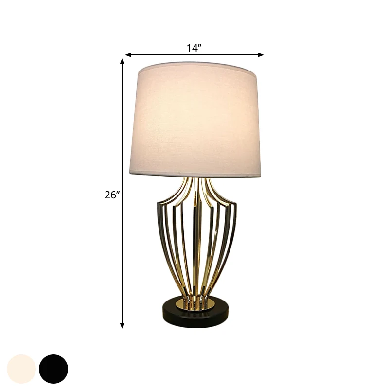 Minimal Barrel Nachttischlampe aus Stoff, 11"/14" B, 1 Kopf, Schlafzimmer-Schreibtischbeleuchtung Schwarz/Weiß mit Urnenkä...