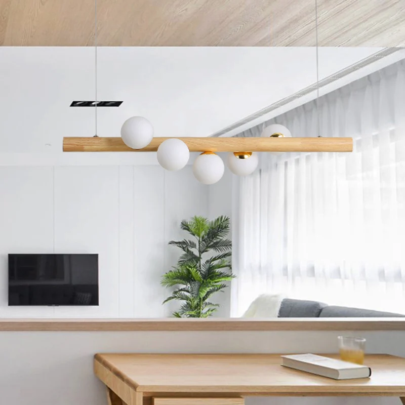 Moderne minimalistische Holz-Linear-Insel-Hängeleuchte, Kugel-Glas-Insel-Deckenleuchte für Wohnzimmer Clearhalo