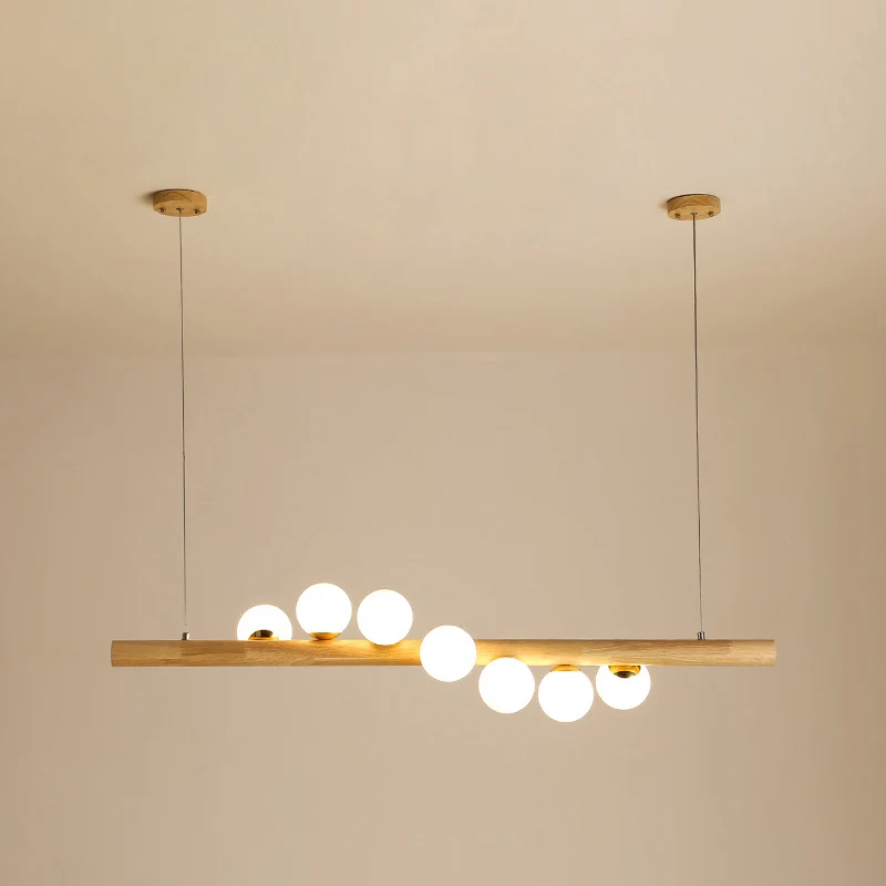Moderne minimalistische Holz-Linear-Insel-Hängeleuchte, Kugel-Glas-Insel-Deckenleuchte für Wohnzimmer Clearhalo