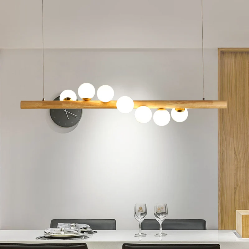 Moderne minimalistische Holz-Linear-Insel-Hängeleuchte, Kugel-Glas-Insel-Deckenleuchte für Wohnzimmer Clearhalo