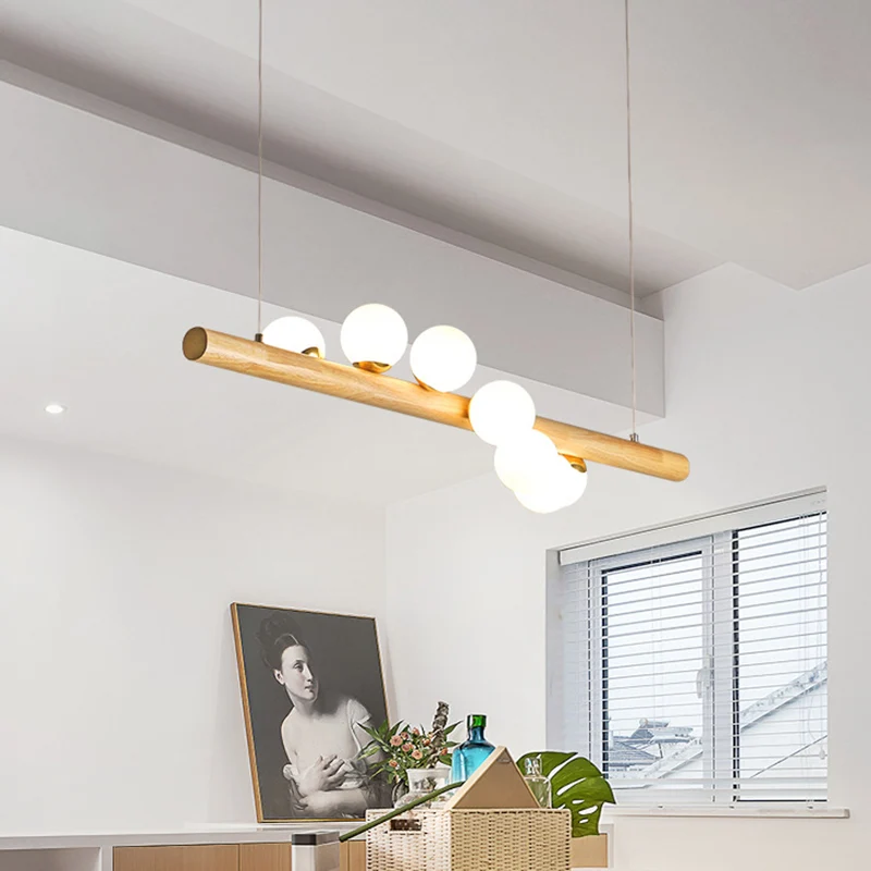 Moderne minimalistische Holz-Linear-Insel-Hängeleuchte, Kugel-Glas-Insel-Deckenleuchte für Wohnzimmer Clearhalo