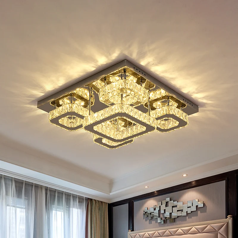 Moderne, quadratische, halbbündige Leuchte, abgeschrägte Kristallschlafzimmer-LED-Deckeneinbauleuchte Chrom Clearhalo