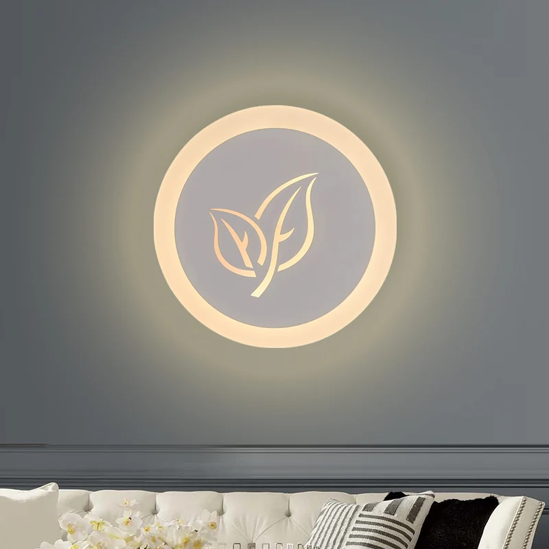 Moderne runde Wandleuchte aus Acryl für das Wohnzimmer mit LED-Einbauwand Weiß mit Blattmuster Clearhalo