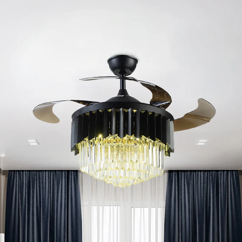 Modernistische LED-Hängeleuchte mit 4 Flügeln, schwarze mehrstufige, halbbündige Leuchte mit Kristallprismen-Schirm, 19" B...