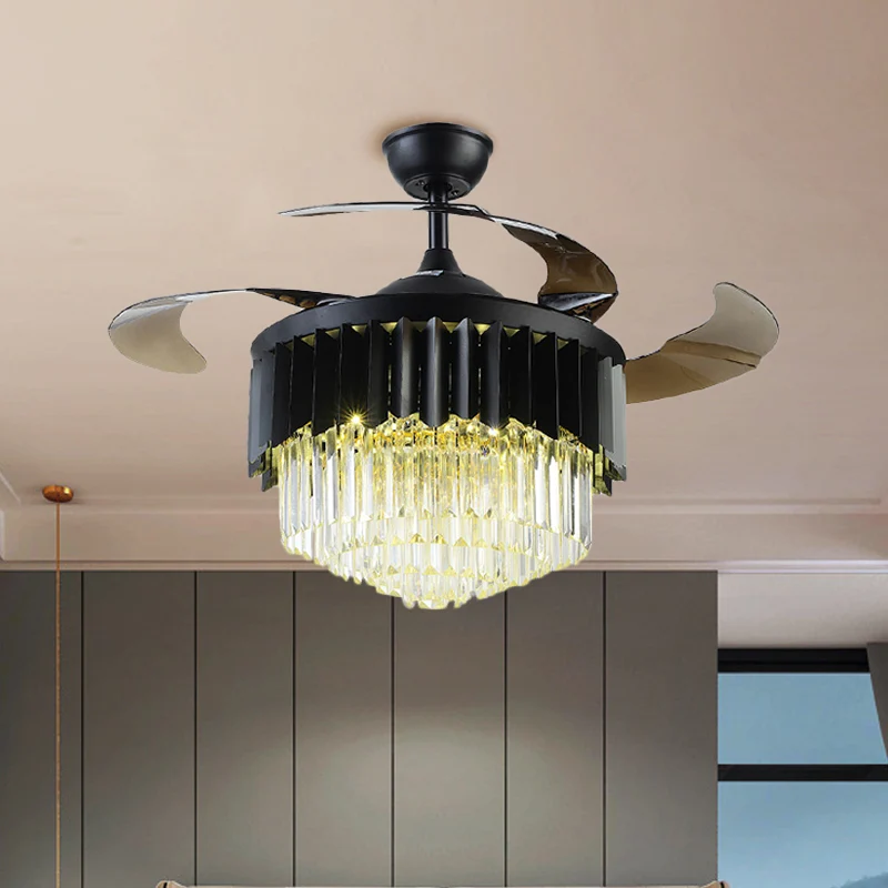 Modernistische LED-Hängeleuchte mit 4 Flügeln, schwarze mehrstufige, halbbündige Leuchte mit Kristallprismen-Schirm, 19" B...