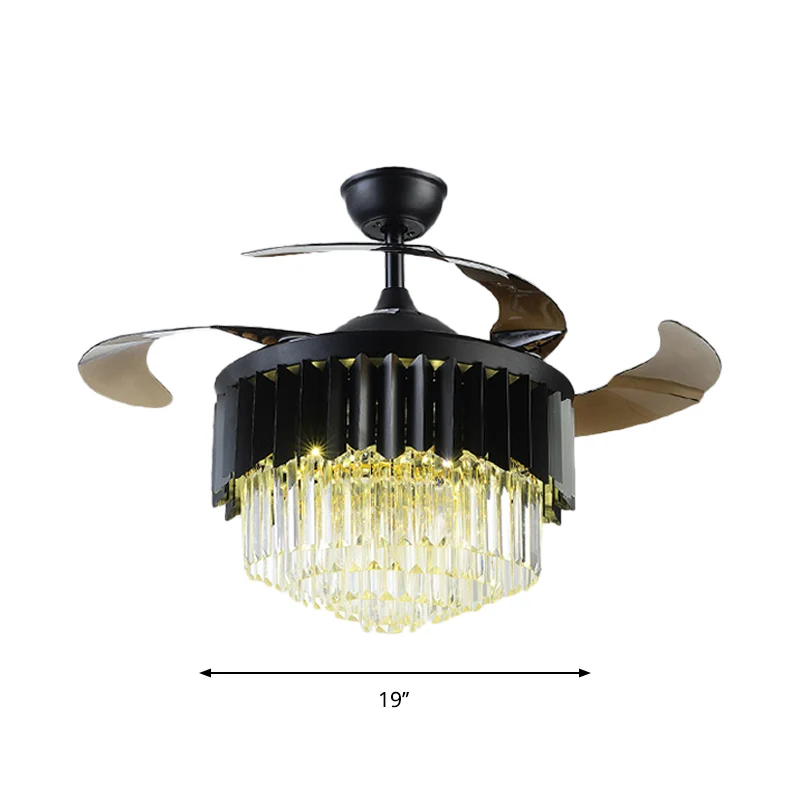Modernistische LED-Hängeleuchte mit 4 Flügeln, schwarze mehrstufige, halbbündige Leuchte mit Kristallprismen-Schirm, 19" B...