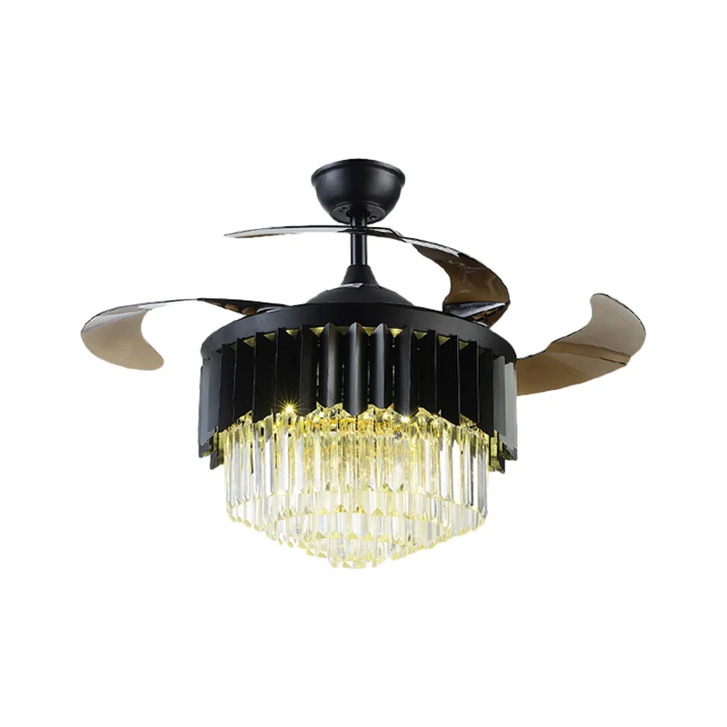 Modernistische LED-Hängeleuchte mit 4 Flügeln, schwarze mehrstufige, halbbündige Leuchte mit Kristallprismen-Schirm, 19" B...