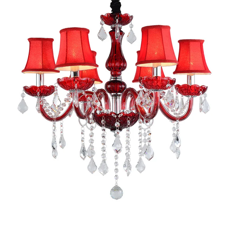 Modernistischer, ausgestellter Deckenleuchter, K9-Kristall, 6 Glühbirnen, Wohnzimmer-Hängelampe Rot Clearhalo