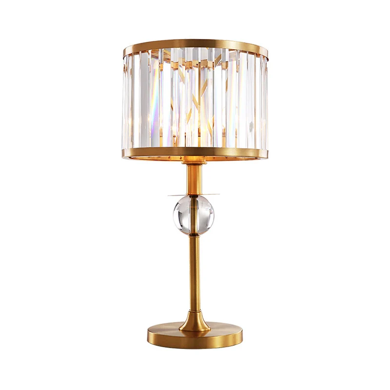 Nachttischlampe aus Messing mit 1 Kopf, postmoderne prismatische Kristall-Trommelschirm-Nachttischlampe Clearhalo