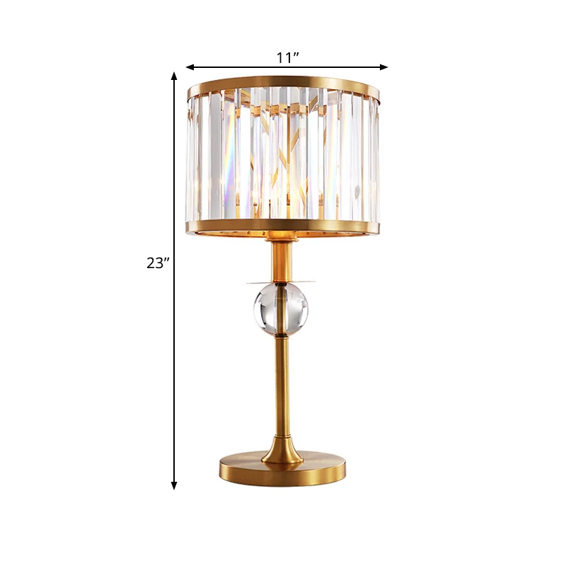 Nachttischlampe aus Messing mit 1 Kopf, postmoderne prismatische Kristall-Trommelschirm-Nachttischlampe Clearhalo