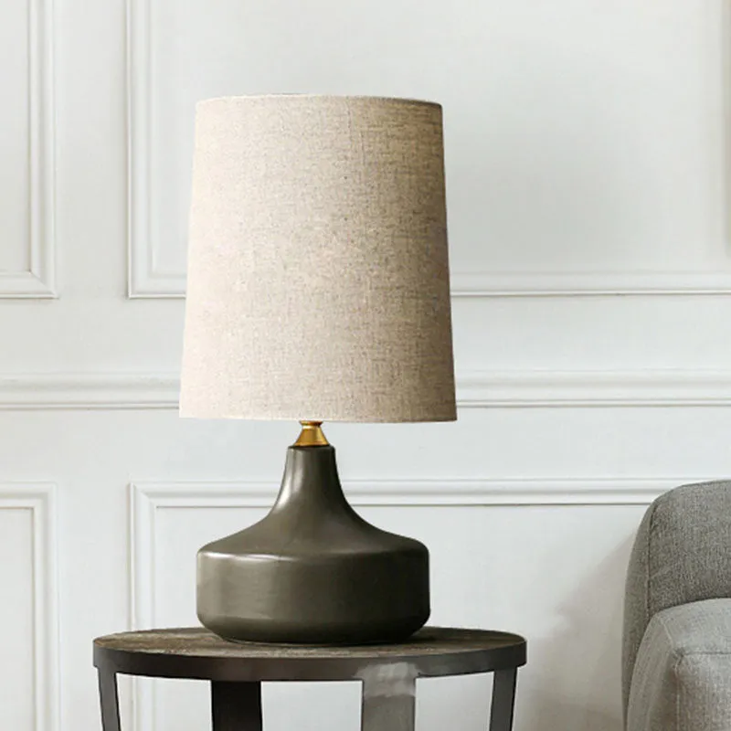 Nachttischlampe mit 1 Glühbirne, ländliche Wohnzimmer-Tischleuchte mit zylindrischem Stoffschirm Grau/Weiß Clearhalo