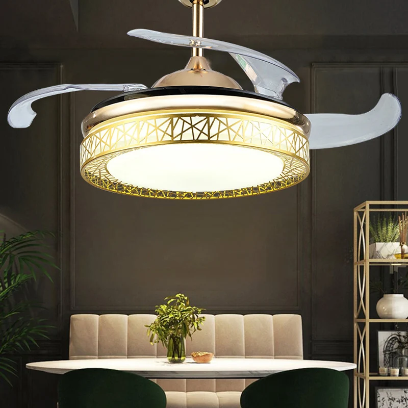 Nestförmiger Wohnzimmer-Deckenventilator aus Metall, 19" breit, LED-Einfachheit, halbbündige Montage, 4 Flügel Clearhalo