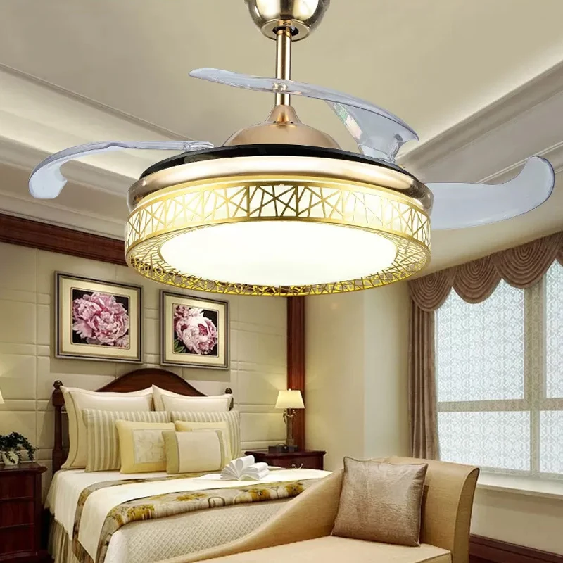 Nestförmiger Wohnzimmer-Deckenventilator aus Metall, 19" breit, LED-Einfachheit, halbbündige Montage, 4 Flügel Clearhalo