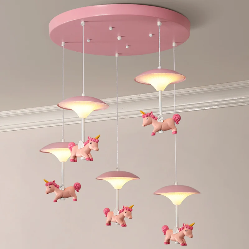 Pilzschirm-Schlafzimmer-Mehrfachanhänger-Metall-LED-Kinder-Deckenanhänger mit Einhorn-Deko, Rosa Clearhalo