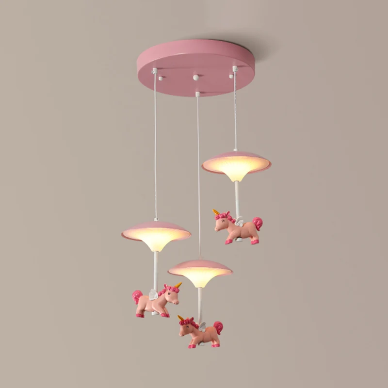 Pilzschirm-Schlafzimmer-Mehrfachanhänger-Metall-LED-Kinder-Deckenanhänger mit Einhorn-Deko, Rosa Clearhalo