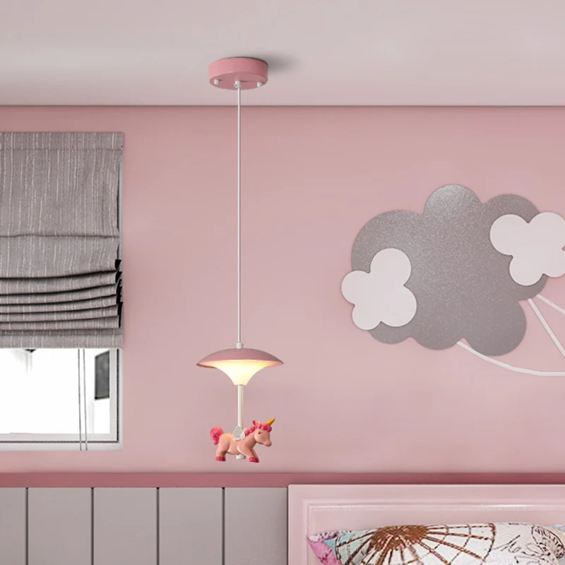 Pilzschirm-Schlafzimmer-Mehrfachanhänger-Metall-LED-Kinder-Deckenanhänger mit Einhorn-Deko, Rosa Clearhalo