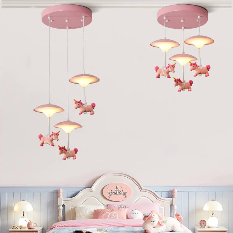 Pilzschirm-Schlafzimmer-Mehrfachanhänger-Metall-LED-Kinder-Deckenanhänger mit Einhorn-Deko, Rosa Clearhalo