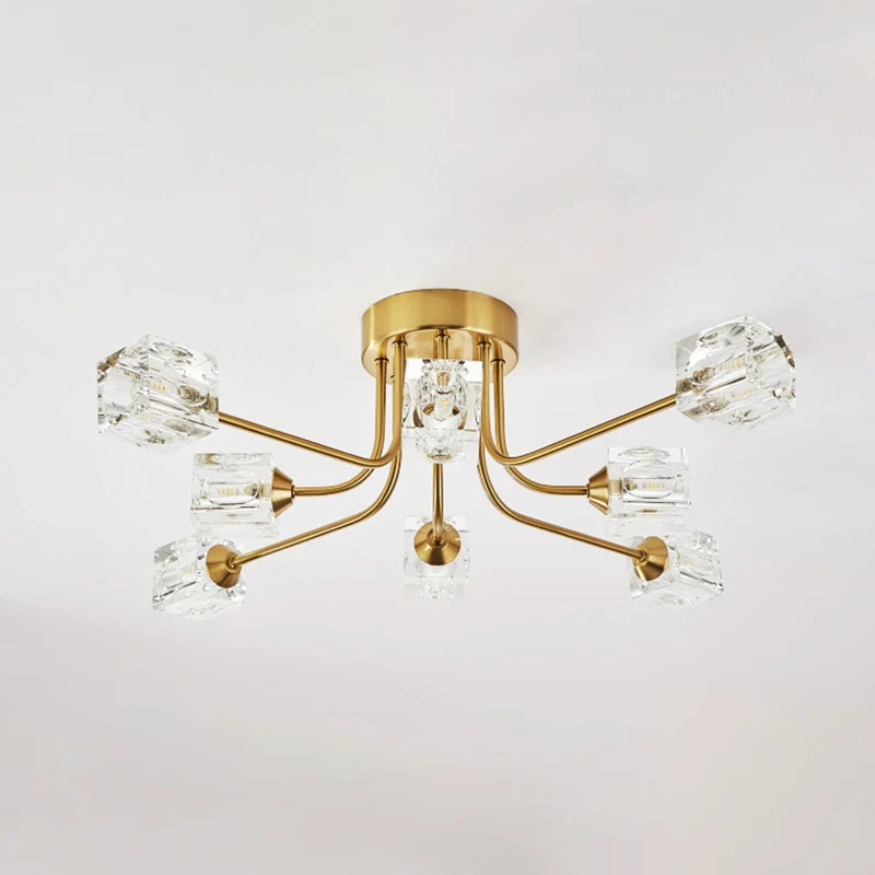 Postmoderne Deckenleuchte mit gebogenem Arm und halbbündiger Deckenleuchte aus kubischem Kristall mit 8 Köpfen Gold Clearhalo
