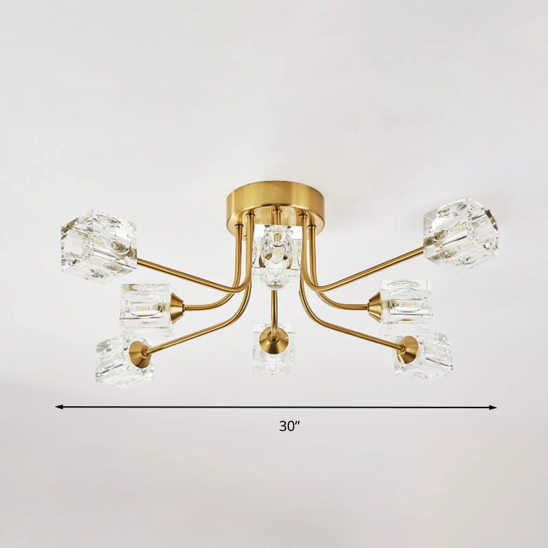 Postmoderne Deckenleuchte mit gebogenem Arm und halbbündiger Deckenleuchte aus kubischem Kristall mit 8 Köpfen Gold Clearhalo