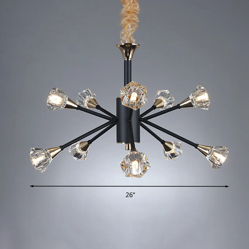 Pyramid Crystal Sputnik Semi Flush Mount Fixture Moderne 10-flammige Wohnzimmer-Deckenleuchte Schwarz Clearhalo